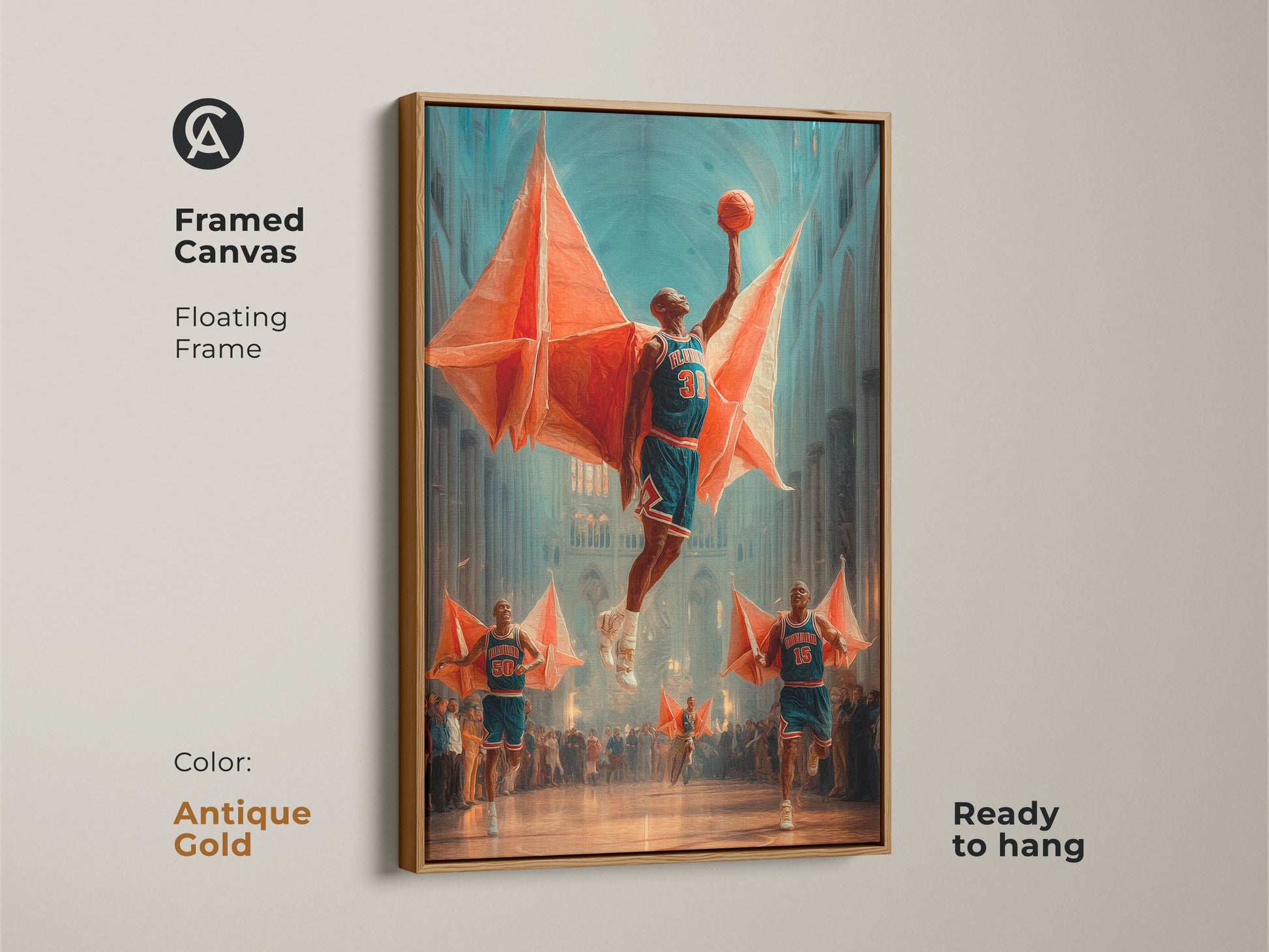 An antique gold framed canvas showcases a surreal basketball scene with a player dunking. The cathedral background and orange teal blue tones create an eclectic feel. This unique sports artwork is ready to hang. It makes a statement in any room and a perfect gift for sports enthusiasts. The modern eclectic art.