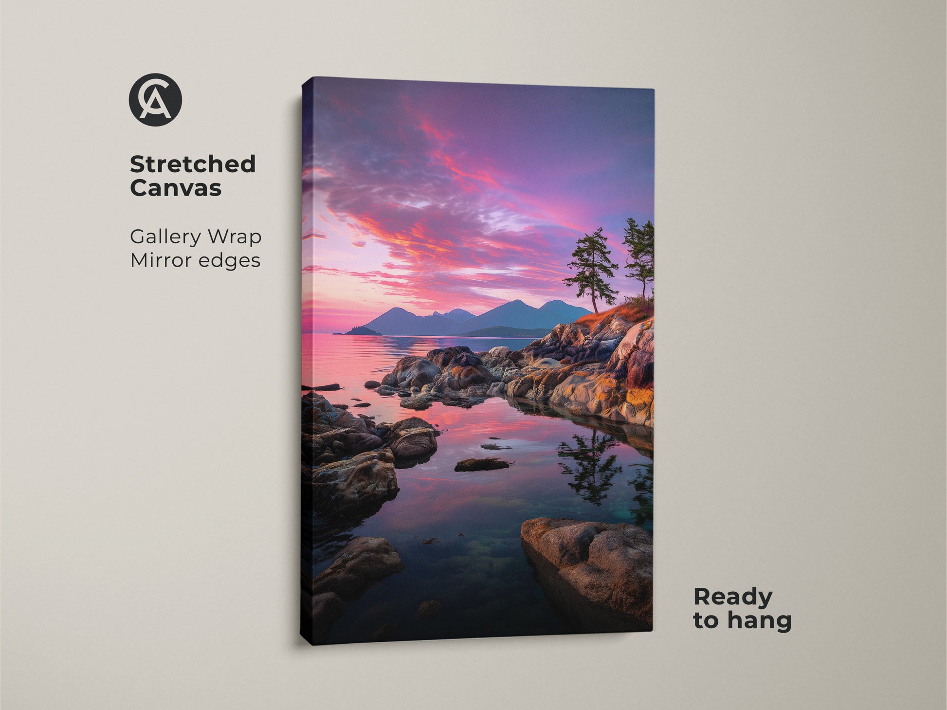 Stretched canvas of a coastal sunset over a rocky shoreline. Gallery wrap with mirror edges showcases pine trees against a pink purple sky. Ready to hang nature photography. Ideal for living room landscape art and ocean view wall decor.