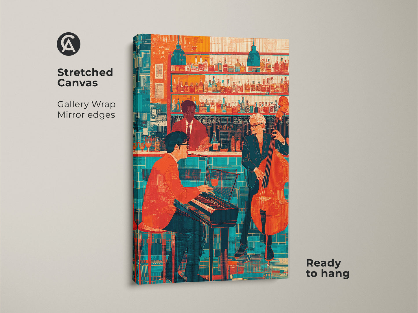 Stretched canvas displaying an orange teal retro jazz bar print. This eclectic music artwork showcases a pianist and double bass player in vivid detail. The gallery wrap and mirror edges enhance this unique piece of wall art ready to hang for jazz enthusiasts. It brings a sophisticated touch to any space.