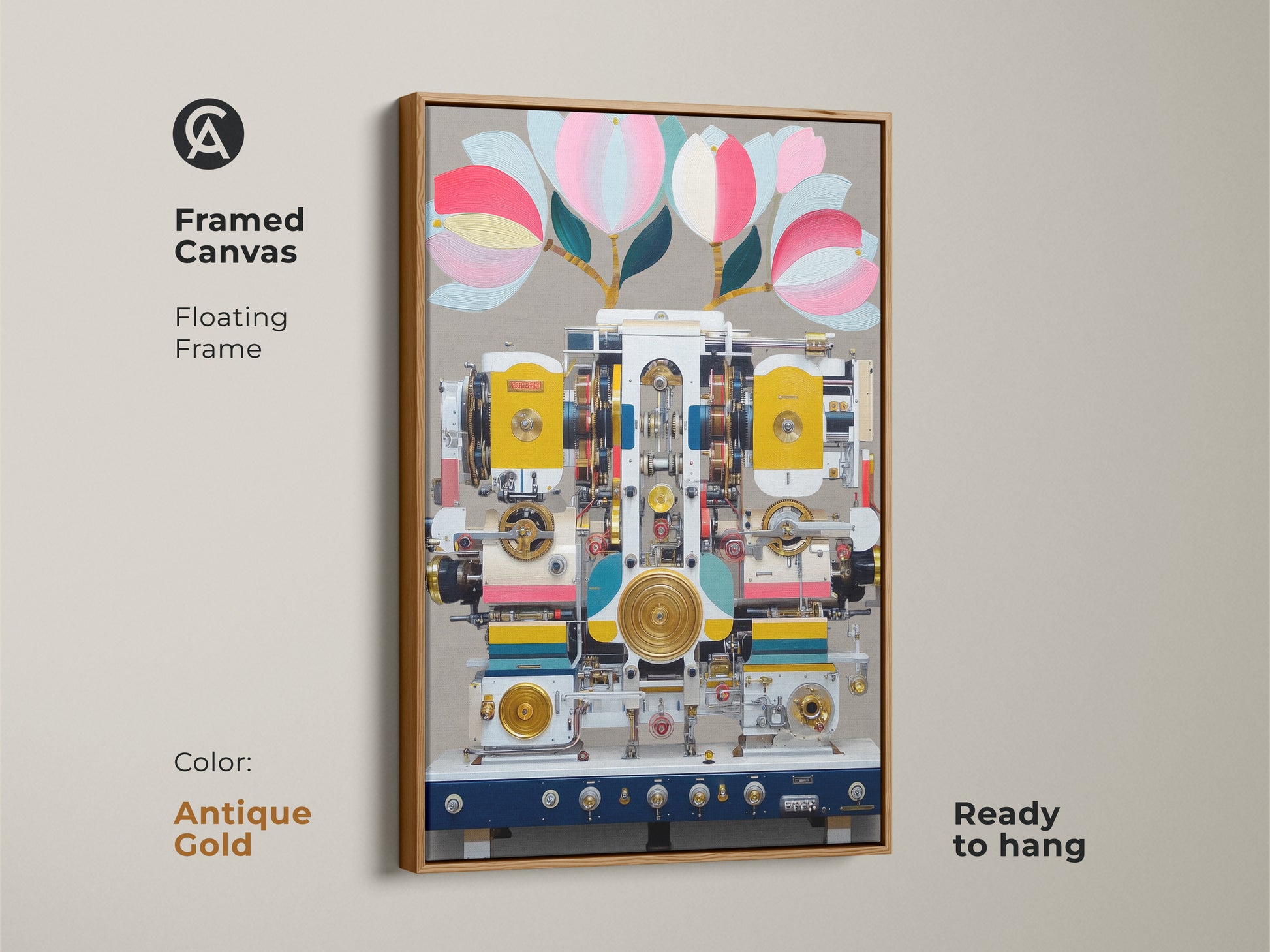 Antique gold framed canvas of surreal machine art print. This steampunk abstract canvas artwork features a yellow and teal color scheme. It is ready to hang with a floating frame adding elegance. The mechanical floral artwork is a unique engineer gift idea enhancing office spaces.