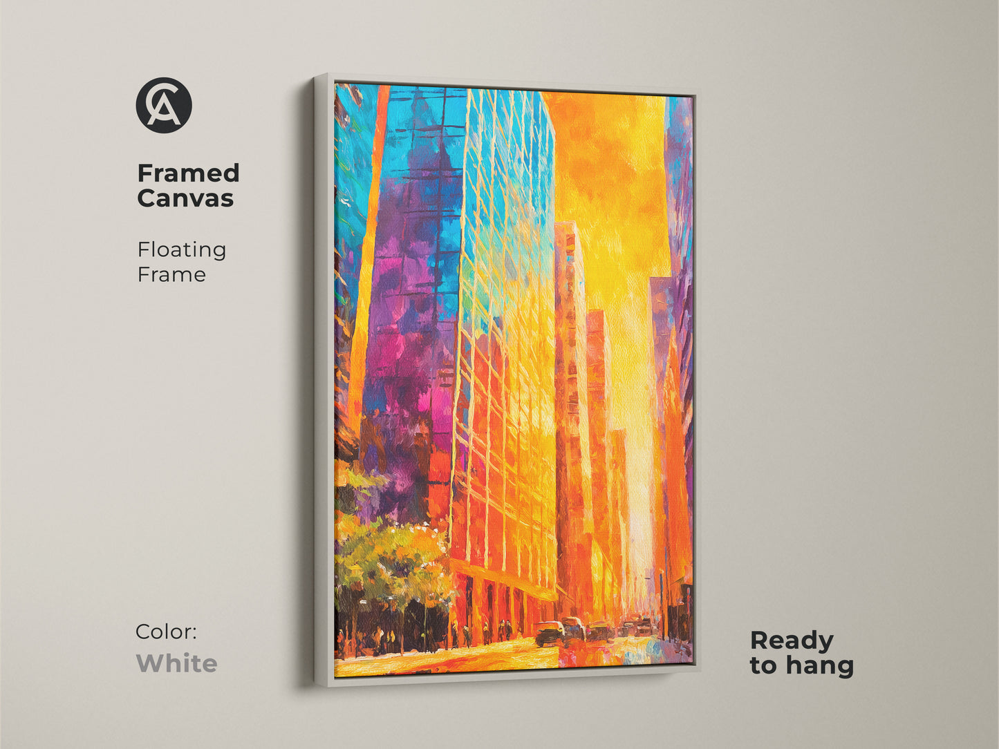 Framed canvas print of a vibrant city in a white floating frame. This modern artwork complements any decor. The framed canvas is ready to hang. It's an ideal choice for adding a fresh touch to your walls. Explore framed art online