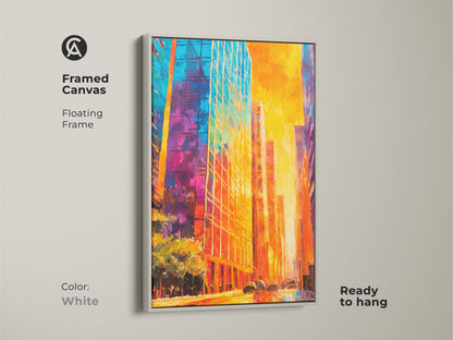 Framed canvas print of a vibrant city in a white floating frame. This modern artwork complements any decor. The framed canvas is ready to hang. It's an ideal choice for adding a fresh touch to your walls. Explore framed art online