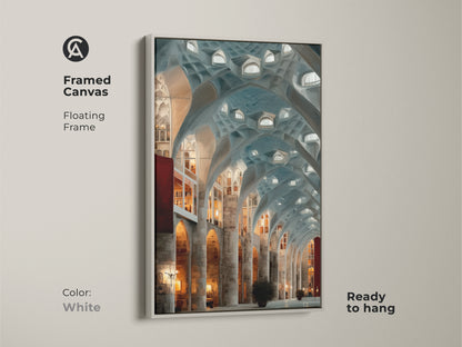Framed canvas of Gothic Arches Wall Art with a white floating frame. Teal blue and gray tones give a sophisticated feel. This art nouveau architectural print enhances any interior. A great housewarming gift for art and travel lovers. Ready to hang.