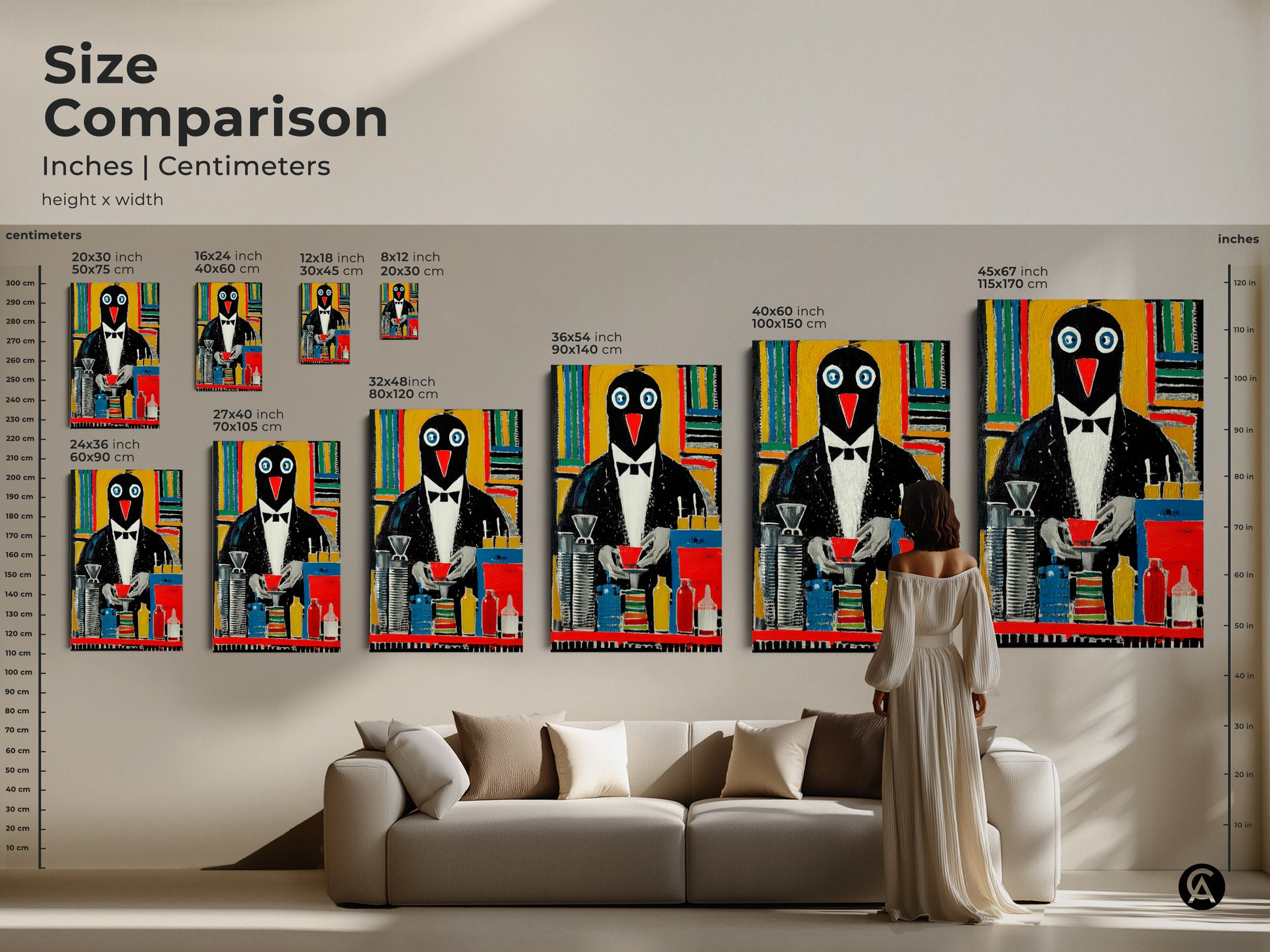 Size comparison chart for penguin artwork. Inches and centimeters are both shown. See the art with models and furniture to understand size. Consider this great animal lover gift idea.