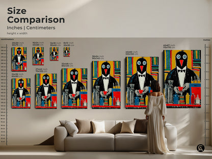 Size comparison chart for penguin artwork. Inches and centimeters are both shown. See the art with models and furniture to understand size. Consider this great animal lover gift idea.