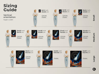 Sizing Guide showing vertical orientation. A model showcases canvas and poster prints in various sizes. Sizes range from Small 8x12 inch to Large 45x67 inch. The surreal space mosque artwork features a celestial comet in deep blue and orange tones.