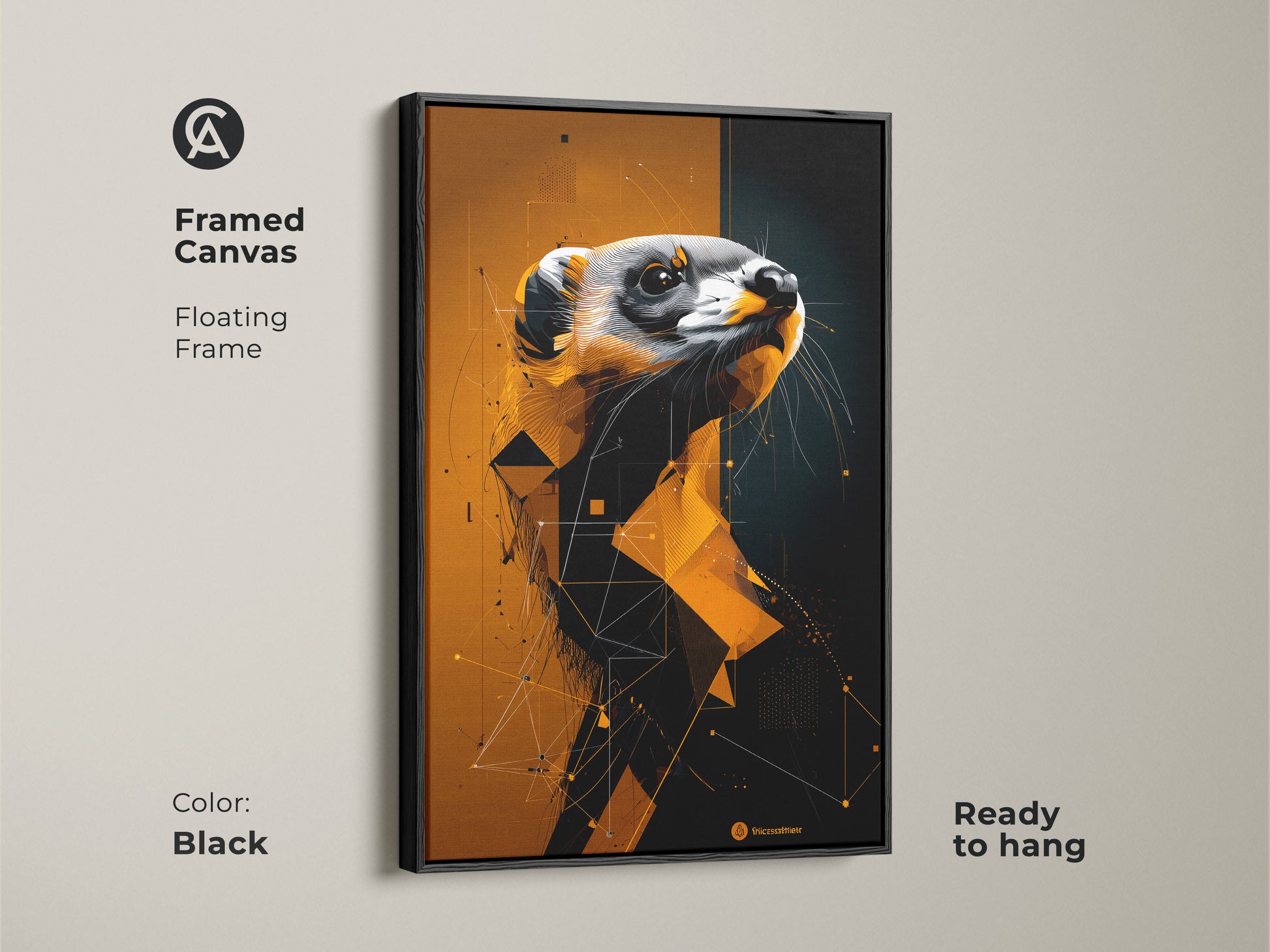 Black framed canvas with floating frame featuring geometric ferret artwork. This modern digital art enhances a contemporary animal portrait for modern home office decor.