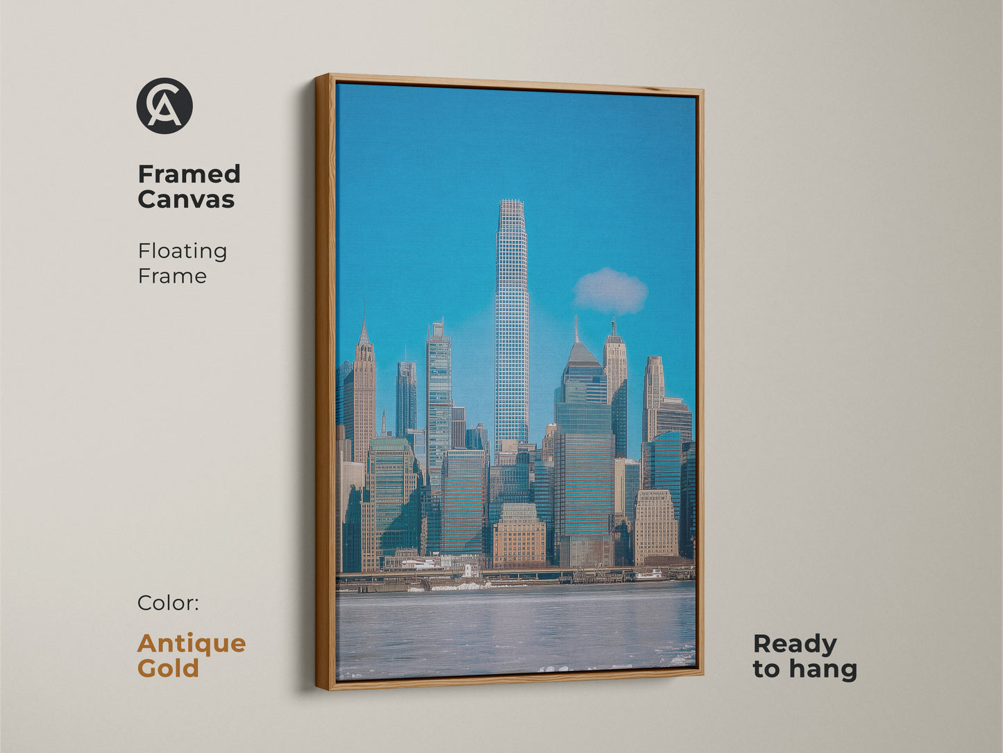 New York City skyline framed canvas in an antique gold floating frame. This modern blue gray wall art makes stunning contemporary office decor. The architectural skyline art print is ready to hang. Ideal for those who love urban city art.