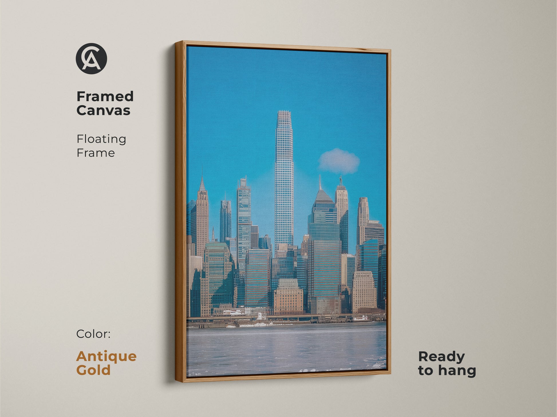 New York City skyline framed canvas in an antique gold floating frame. This modern blue gray wall art makes stunning contemporary office decor. The architectural skyline art print is ready to hang. Ideal for those who love urban city art.