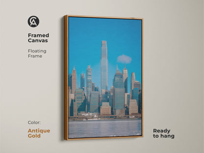 New York City skyline framed canvas in an antique gold floating frame. This modern blue gray wall art makes stunning contemporary office decor. The architectural skyline art print is ready to hang. Ideal for those who love urban city art.