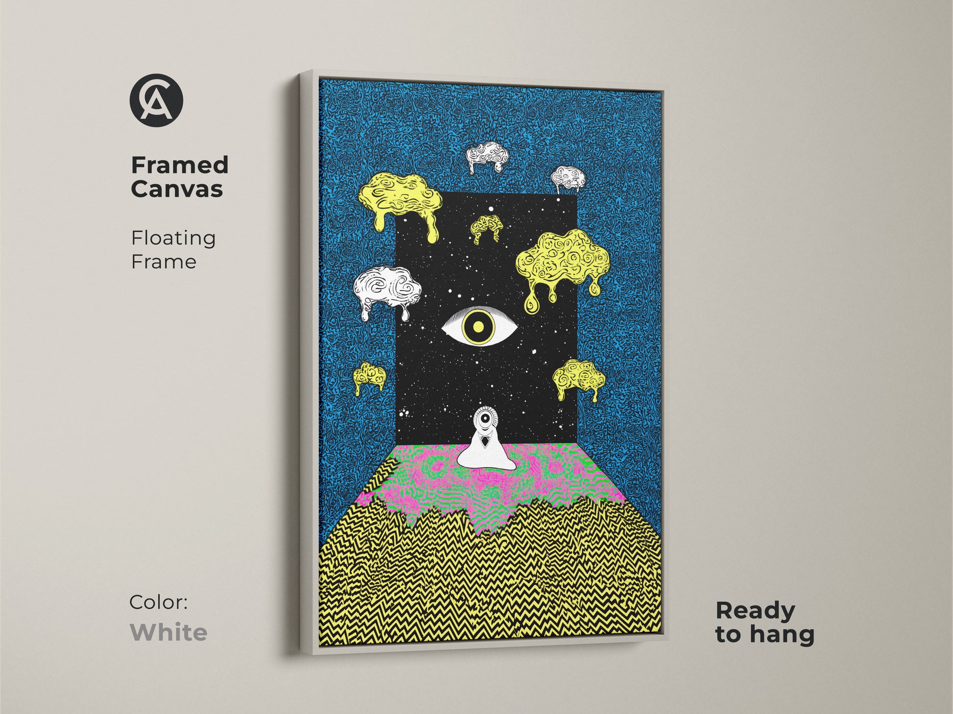 Framed canvas surreal eye artwork creating a mesmerizing portal to a cosmic realm. This psychedelic abstract art combines blue black and melting yellow hues. A lone figure stands before a trippy landscape. The white floating frame artwork is perfect for eclectic wall decor offering depth and intrigue