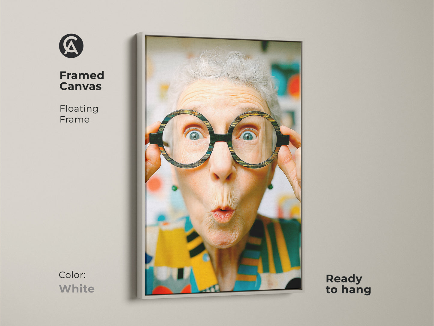 Framed canvas art with a floating frame in white. Features a woman with oversized glasses. This ready-to-hang piece adds a touch of humor and charm to your space.