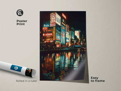 Osaka neon art print as a rolled poster. This urban night photography piece is easy to frame. The Japan cityscape wall art captures the vibrant energy of Osaka. The red blue and yellow artwork adds a contemporary touch. Ideal for travel-inspired home decor.