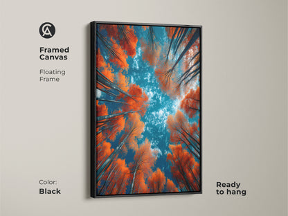 Framed canvas art featuring a forest with orange leaves and blue sky. The black floating frame adds a touch of elegance. This ready-to-hang piece is perfect for any room. Shop now for unique framed art. Elevate your decor with nature-inspired artwork.