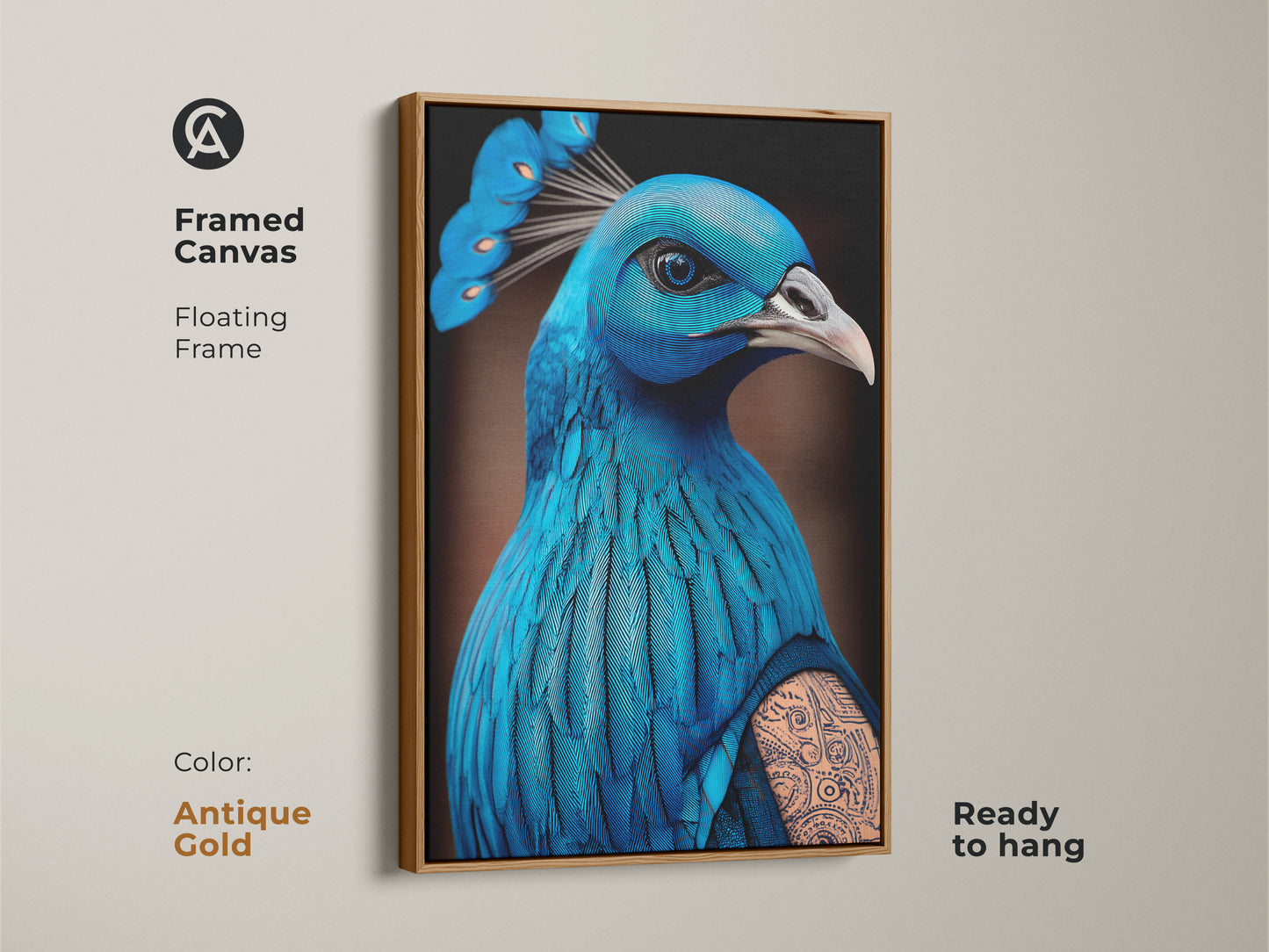 Framed canvas of a surreal peacock artwork. The floating frame is antique gold. This fantasy art gift features electric blue and cyan tones. The tattoo art style gives it an eclectic animal art feel. Ready to hang canvas print.