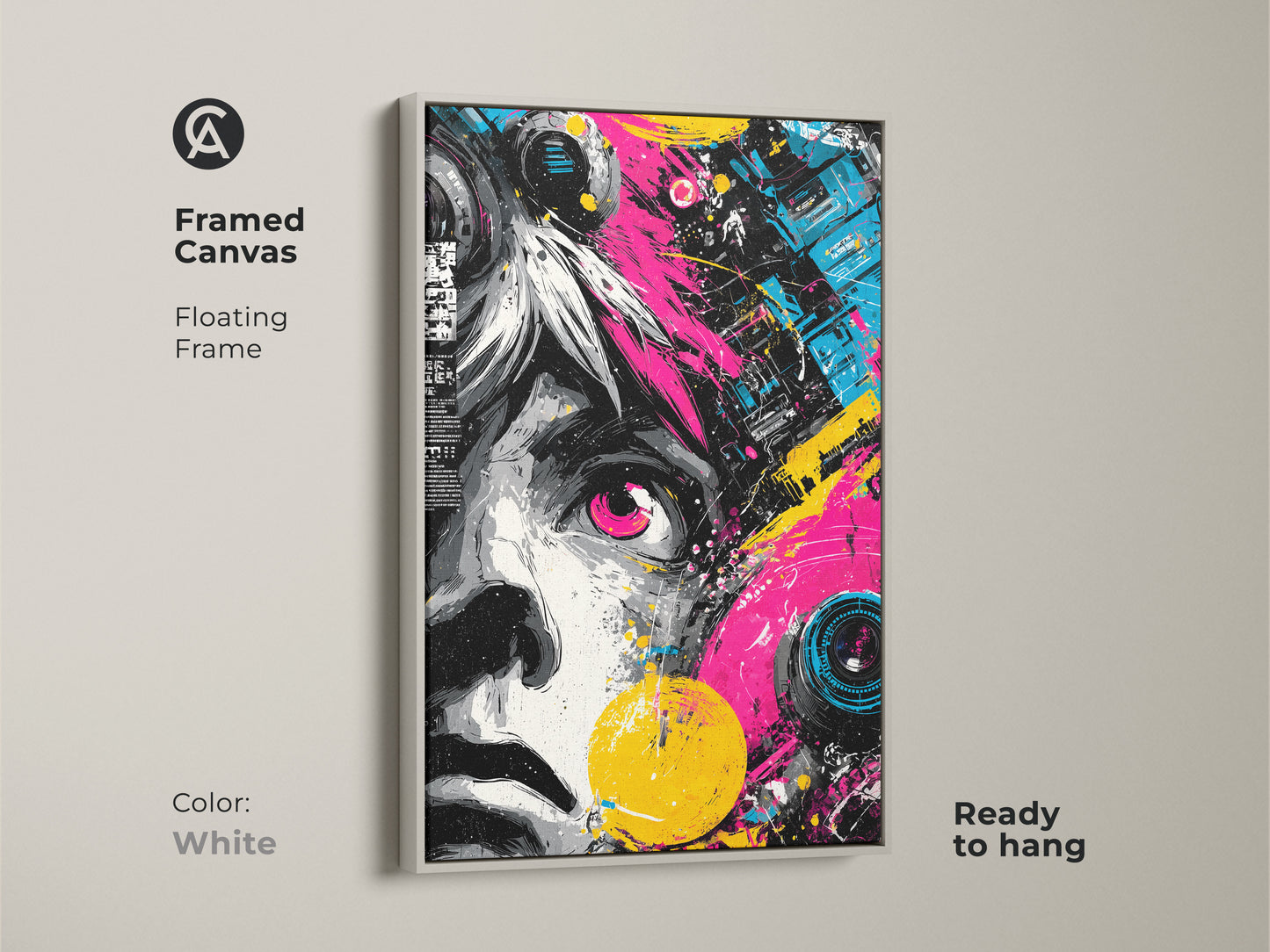 Framed canvas art with a white floating frame. This abstract portrait adds a modern touch. The ready to hang artwork enhances any room. The pink and yellow colors bring life to the artwork. This is a unique and stylish wall decor.