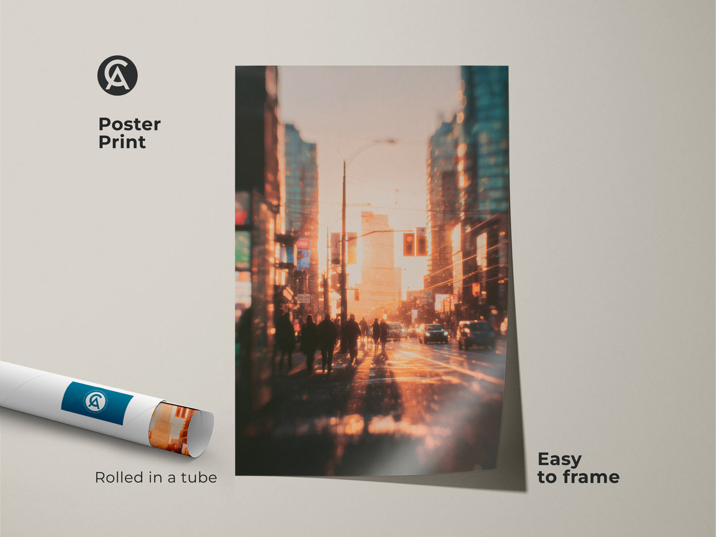 Poster art print of a city street bathed in golden sunlight. The blurred background highlights the silhouette of people and cars. Rolled in a tube for easy framing. This museum-quality print captures the essence of urban life. Ideal for adding a touch of art to your space.