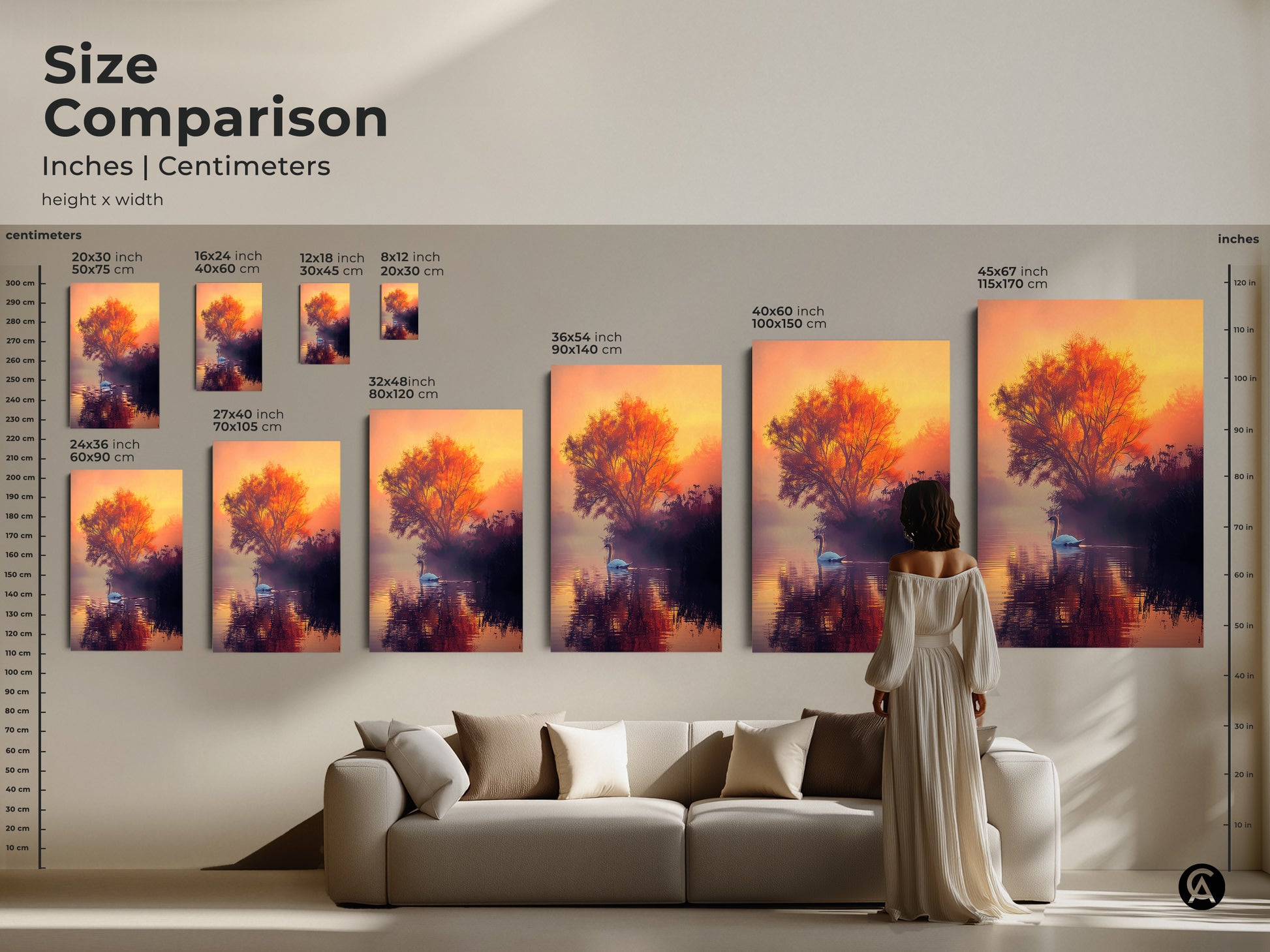 This size comparison displays the swan artwork in inches and centimeters. See the art print in sizes from 8x12 to 45x67 inches. Visualize the canvas and poster art in your living room. Find the perfect size swan print for your home.