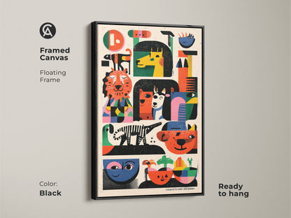 Black framed canvas folk art animal print ready to hang. This mid-century modern artwork features abstract tigers and zebras. A unique piece of wall decor for eclectic kids room decor.