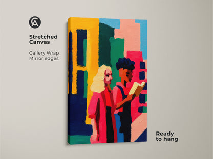 Stretched canvas print featuring abstract figurative wall art. Two people are reading in a contemporary style. The gallery wrapped canvas has mirror edges and is ready to hang. This modern folk art print is perfect for adding color.