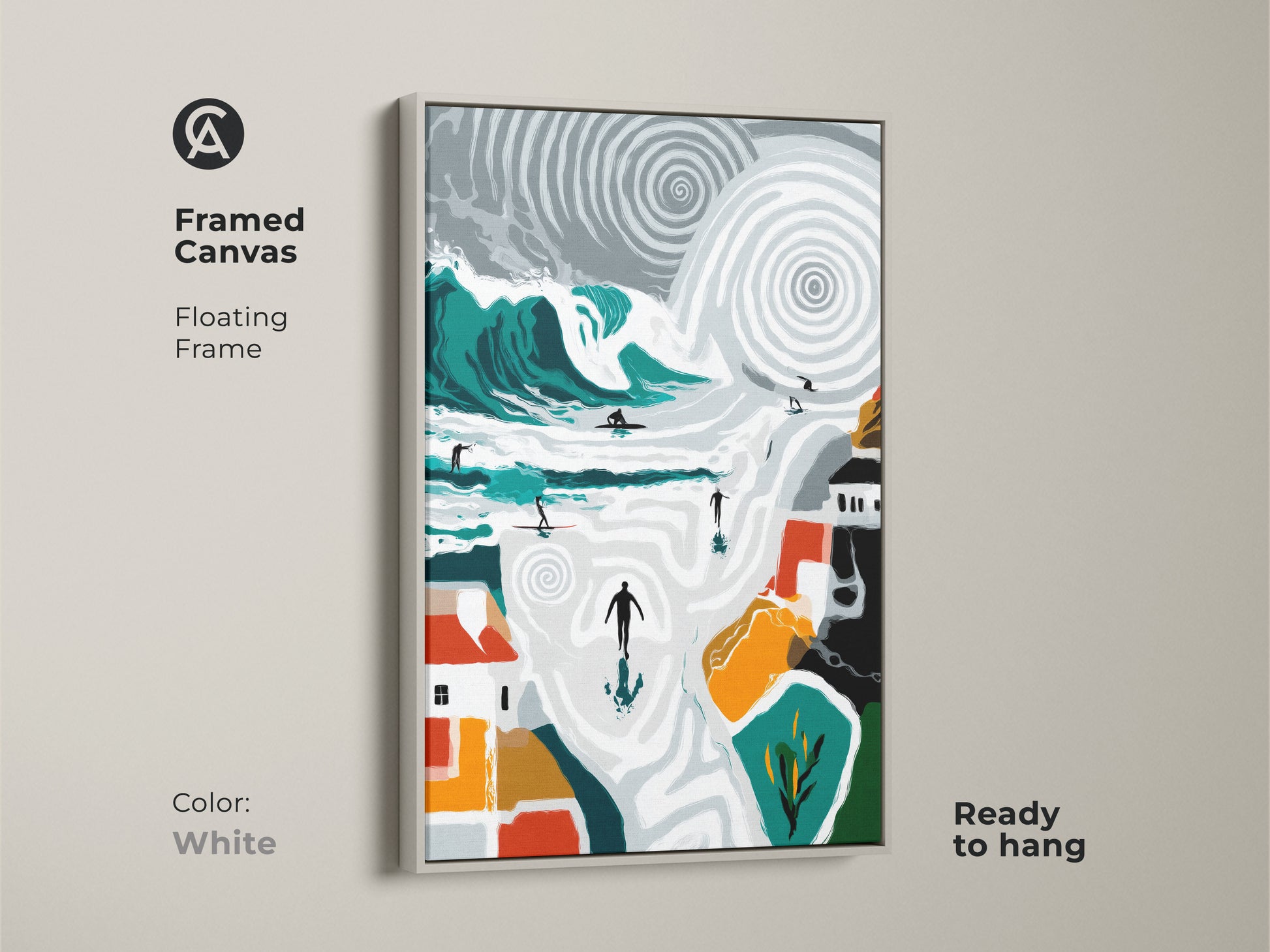 Framed canvas featuring a teal and orange surfer artwork. White floating frame accentuates the modern coastal theme. Ready to hang this piece adds a vibrant touch to any bedroom or living room wall decor.