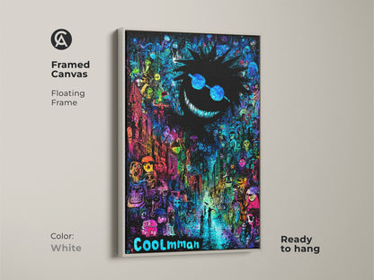 Framed canvas print. The white floating frame enhances the psychedelic artwork. It features a grinning face with sunglasses looming over a psychedelic street scene. This framed canvas is ready to hang.