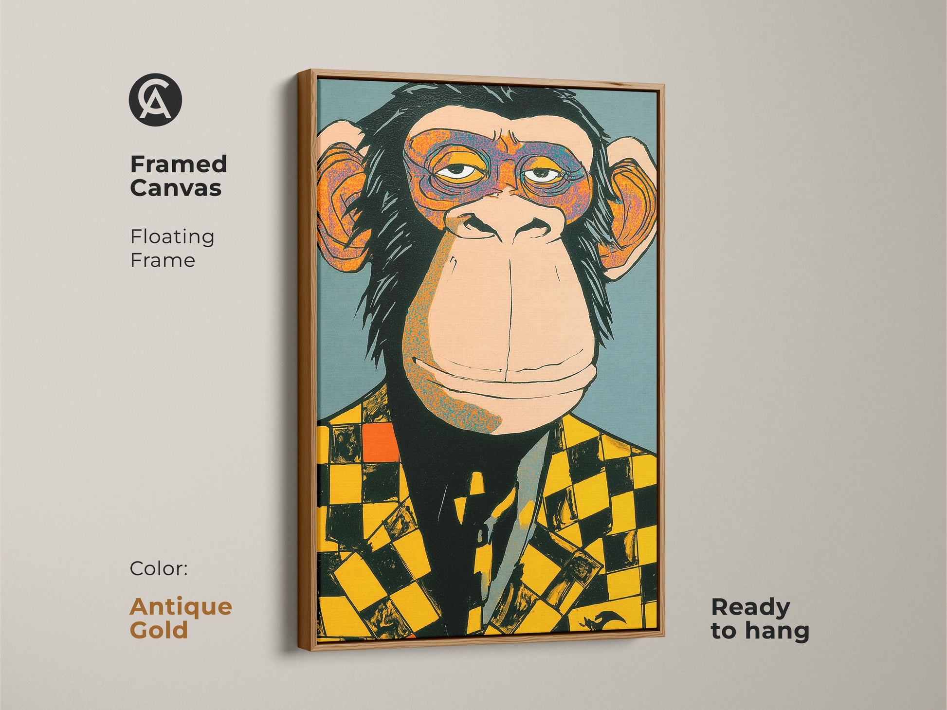 Framed canvas featuring a monkey in a checker blazer with an antique gold floating frame. This art comes ready to hang providing a touch of elegance. It combines modern art with classic sophistication. Perfect for adding a refined touch to your walls.