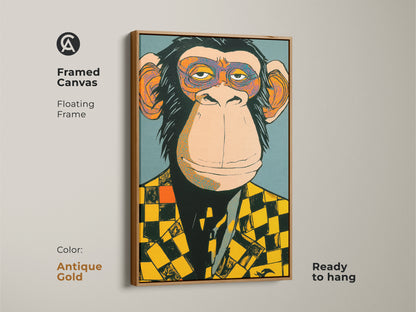 Framed canvas featuring a monkey in a checker blazer with an antique gold floating frame. This art comes ready to hang providing a touch of elegance. It combines modern art with classic sophistication. Perfect for adding a refined touch to your walls.