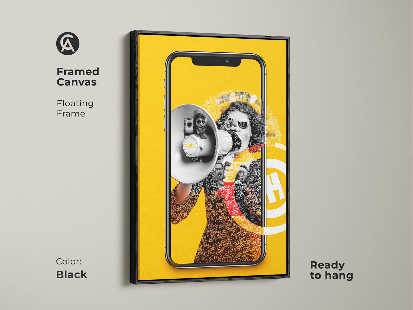Framed canvas presents a surrealist collage with a black floating frame. A woman with a megaphone and smartphone dominates the artwork. Ready to hang this eclectic piece enhances office decor with its pop culture technology theme. Perfect for art collectors.