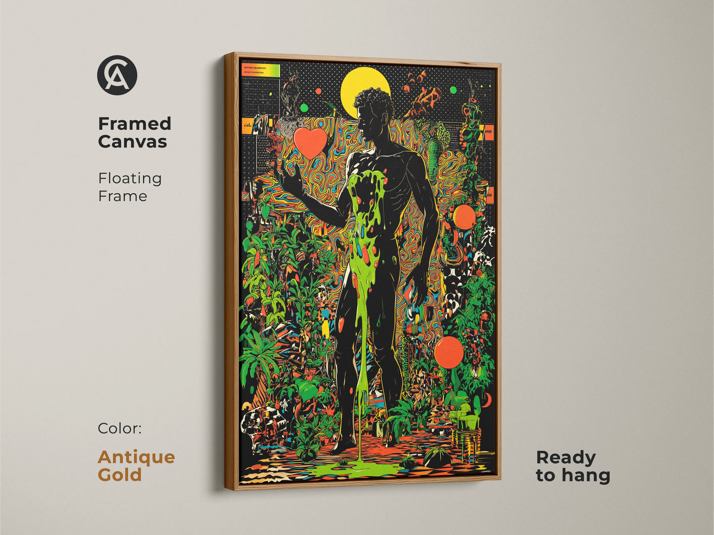 Framed canvas featuring a psychedelic botanical wall artwork. The trippy figurative art displays a surreal man print in an antique gold floating frame. Abstract art in black orange and green is ready to hang. Groovy decor.