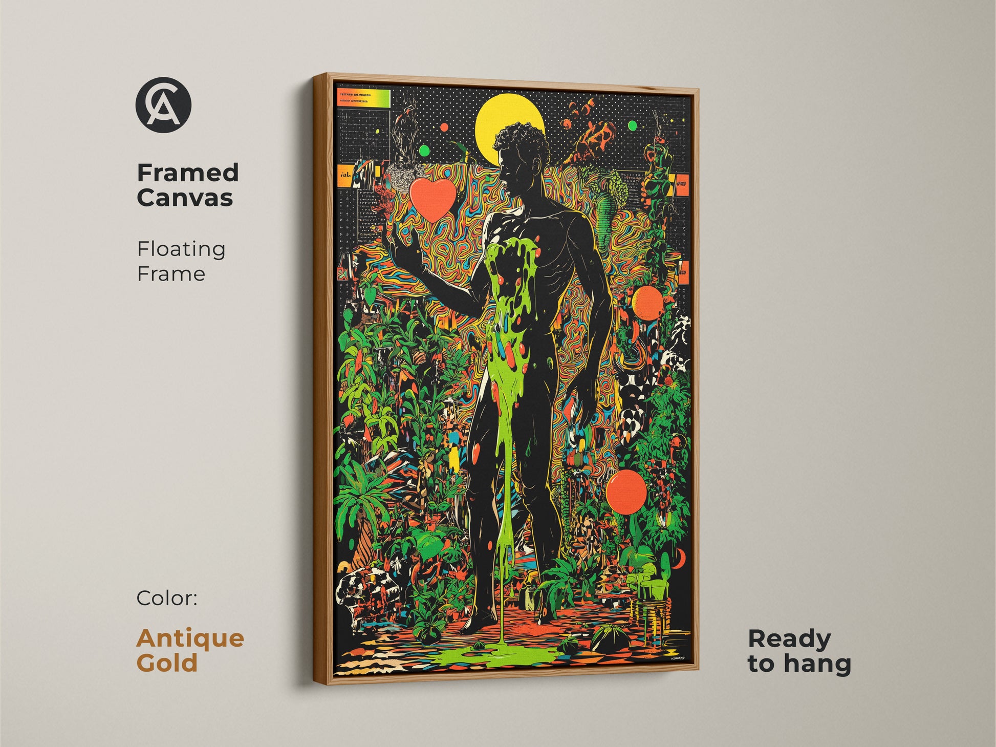 Framed canvas featuring a psychedelic botanical wall artwork. The trippy figurative art displays a surreal man print in an antique gold floating frame. Abstract art in black orange and green is ready to hang. Groovy decor.