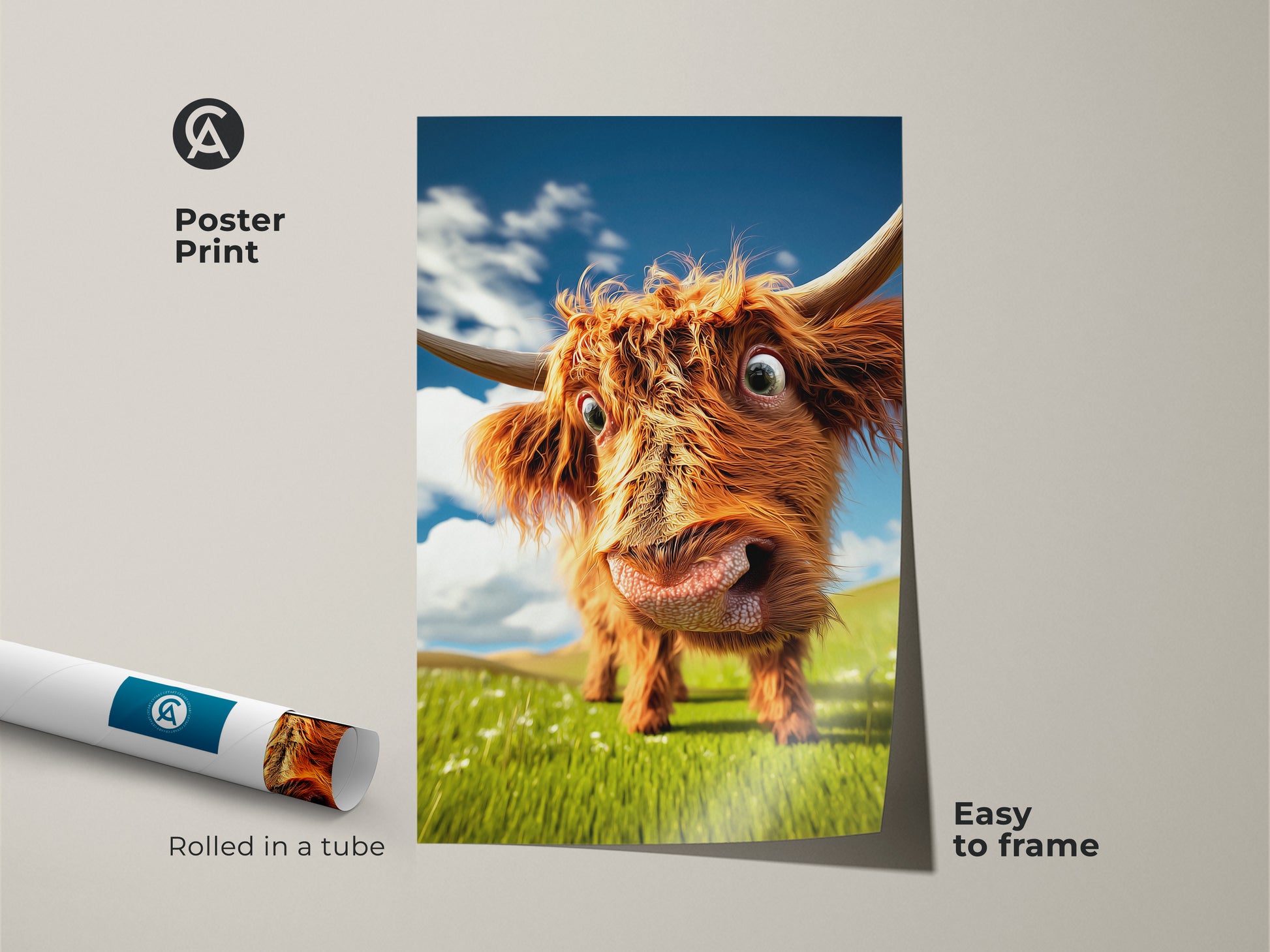 This poster print features a cartoonish orange Highland cow artwork. Rolled in a tube it's easy to frame. This funny cow art poster makes a unique farmhouse gift. It captures a happy cow against a blue sky.