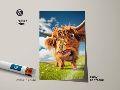 This poster print features a cartoonish orange Highland cow artwork. Rolled in a tube it's easy to frame. This funny cow art poster makes a unique farmhouse gift. It captures a happy cow against a blue sky.
