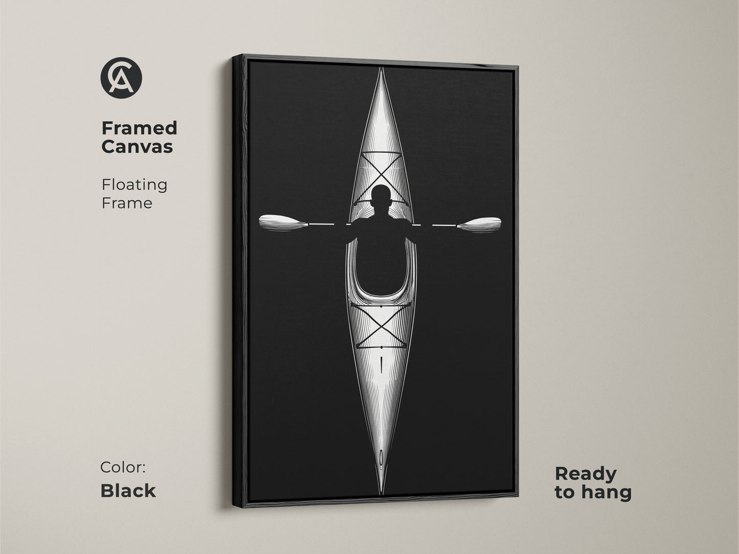 Framed canvas with floating frame showcasing minimalist kayak line artwork in black. Ready to hang this black and white paddler print is ideal for sleek office or home decor.