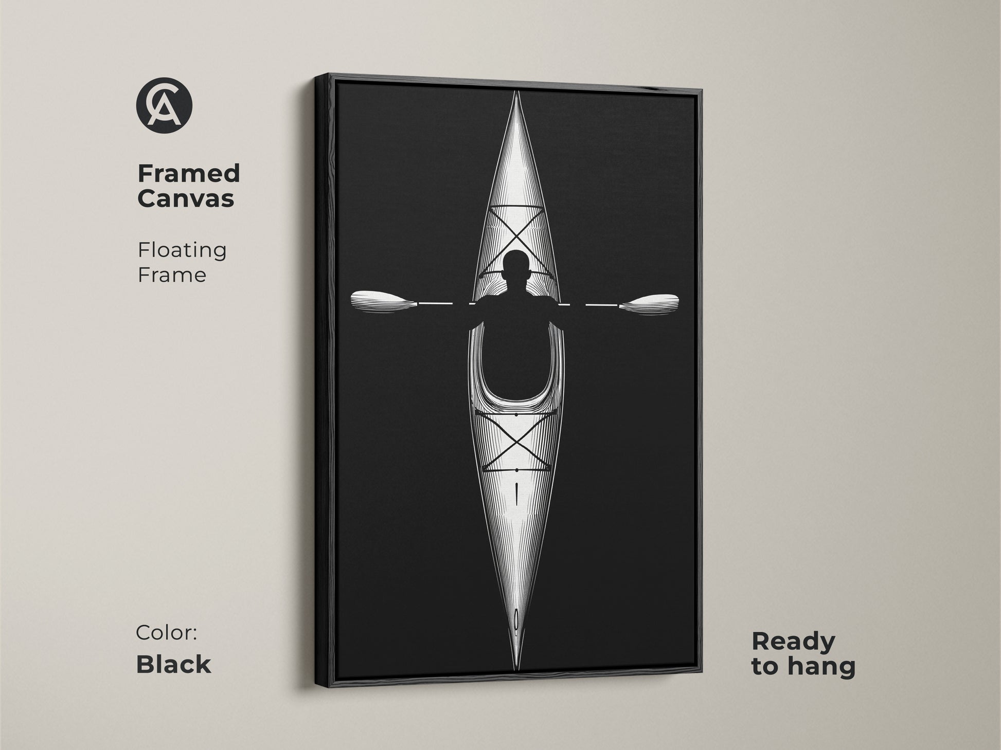 Framed canvas with floating frame showcasing minimalist kayak line artwork in black. Ready to hang this black and white paddler print is ideal for sleek office or home decor.