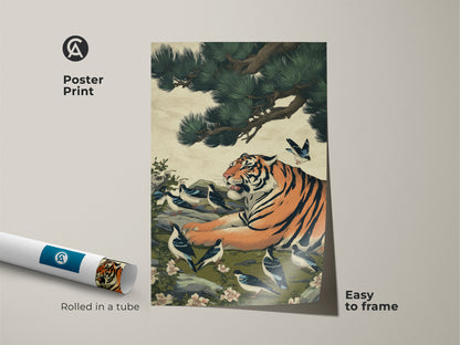Rolled poster print showcases an Asian-inspired tiger and bird artwork. Easy to frame this oriental art print is perfect for animal lovers. Orange green and black artwork adds nature to any space.