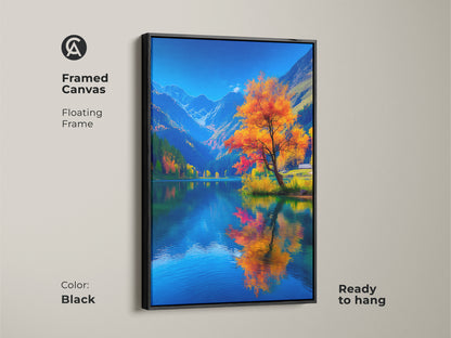 Black framed canvas featuring a stunning lake and tree reflection. The floating frame adds a modern touch ready to hang. This landscape artwork is a sophisticated choice. It's a framed art for any wall.