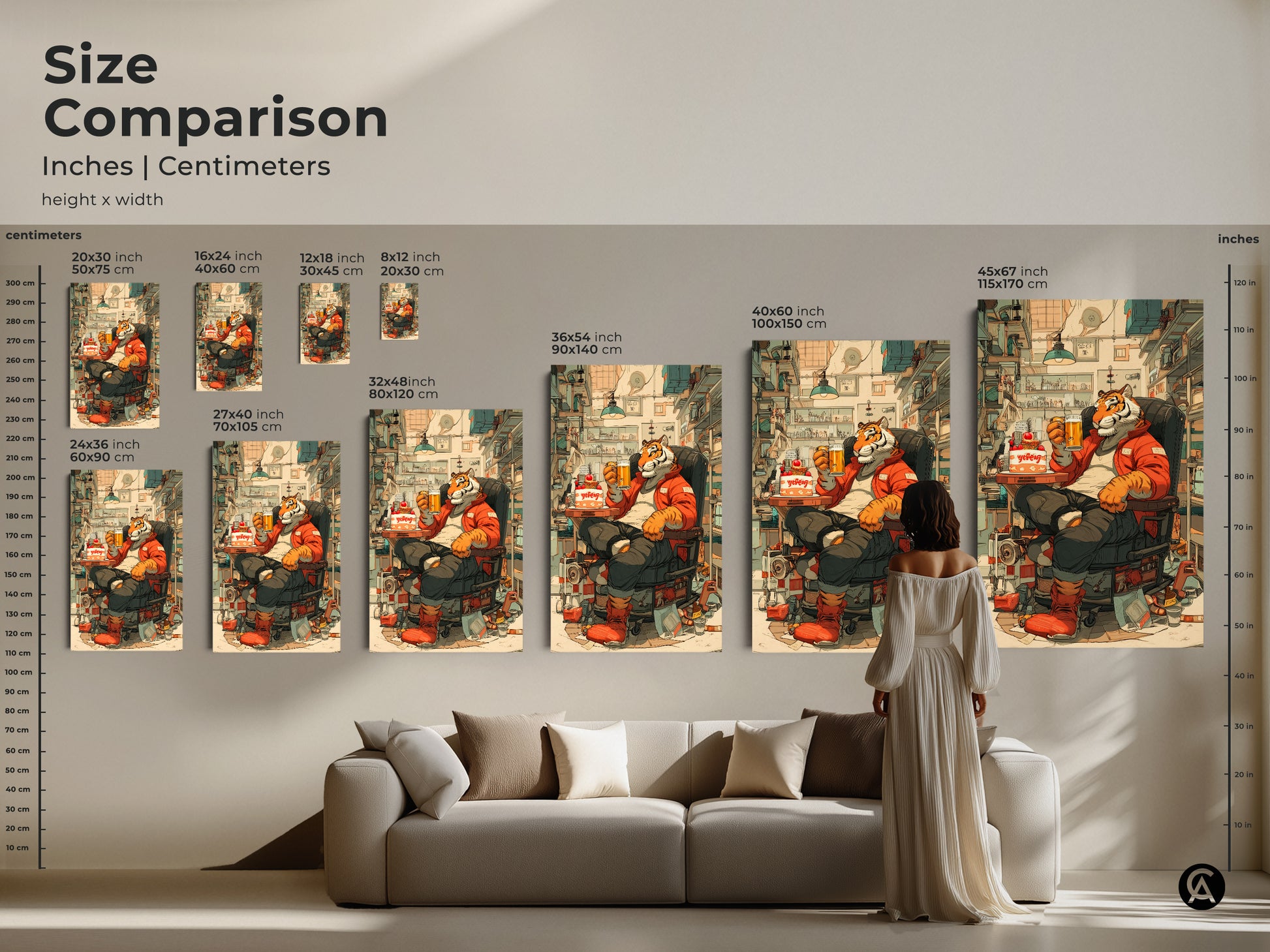 Size comparison of tiger artwork. Available in multiple sizes. This funny tiger illustration is ideal for eclectic home artwork. The cartoon animal wall art makes a unique gift for a friend. Find the perfect size for your space.
