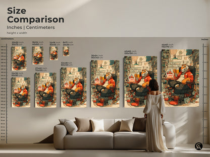Size comparison of tiger artwork. Available in multiple sizes. This funny tiger illustration is ideal for eclectic home artwork. The cartoon animal wall art makes a unique gift for a friend. Find the perfect size for your space.