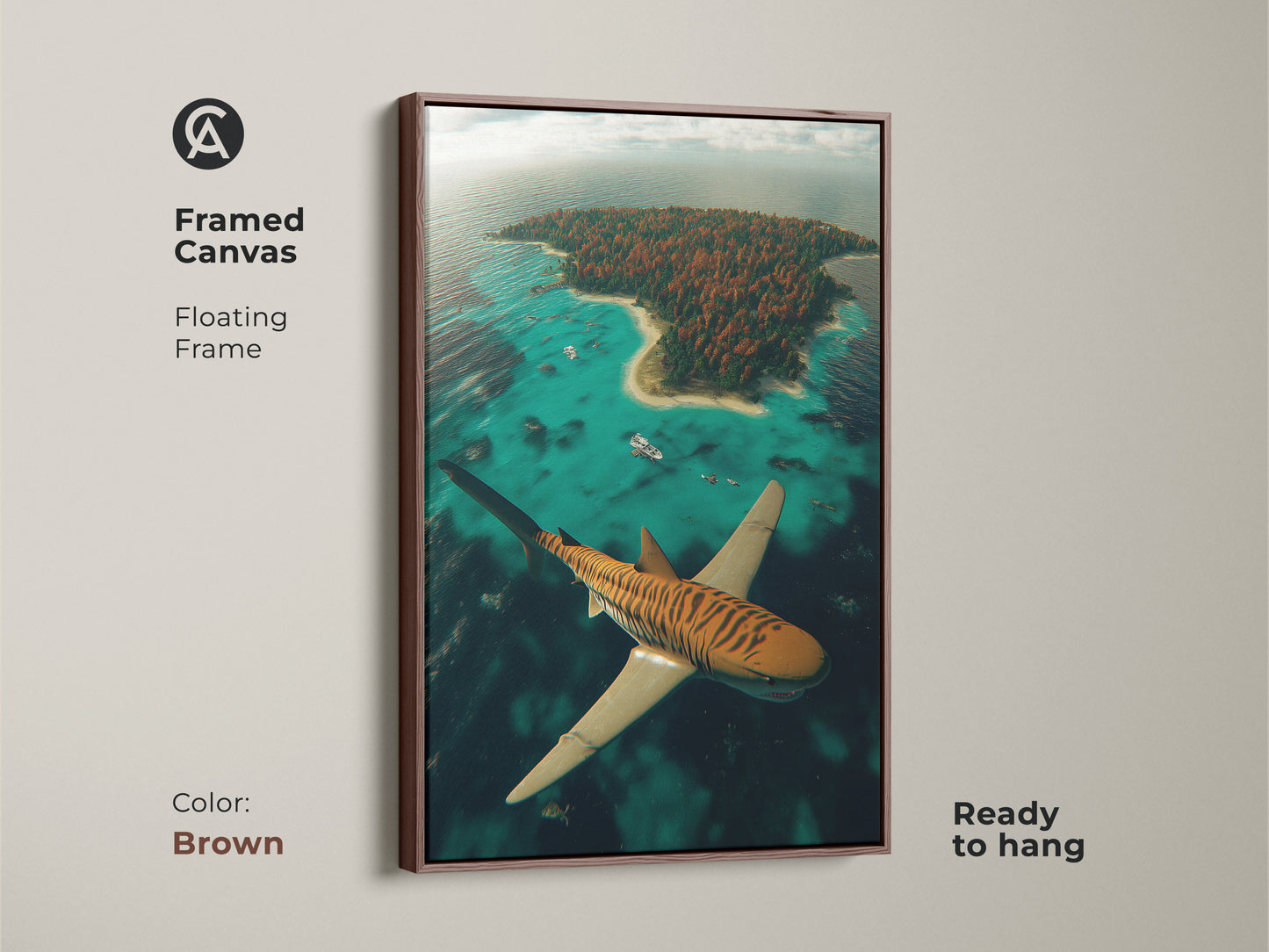 This framed canvas presents a surreal tiger shark. It is flying over a tropical island. The brown floating frame complements the marine life artwork. This aerial view shark art is ready to hang. It brings an oceanic fantasy to your den or office.
