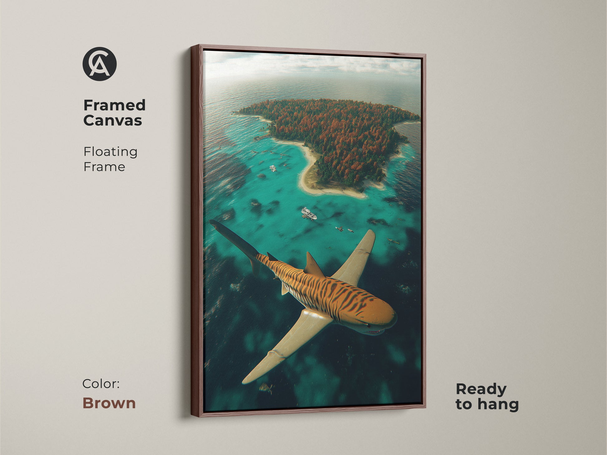 This framed canvas presents a surreal tiger shark. It is flying over a tropical island. The brown floating frame complements the marine life artwork. This aerial view shark art is ready to hang. It brings an oceanic fantasy to your den or office.
