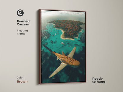 This framed canvas presents a surreal tiger shark. It is flying over a tropical island. The brown floating frame complements the marine life artwork. This aerial view shark art is ready to hang. It brings an oceanic fantasy to your den or office.