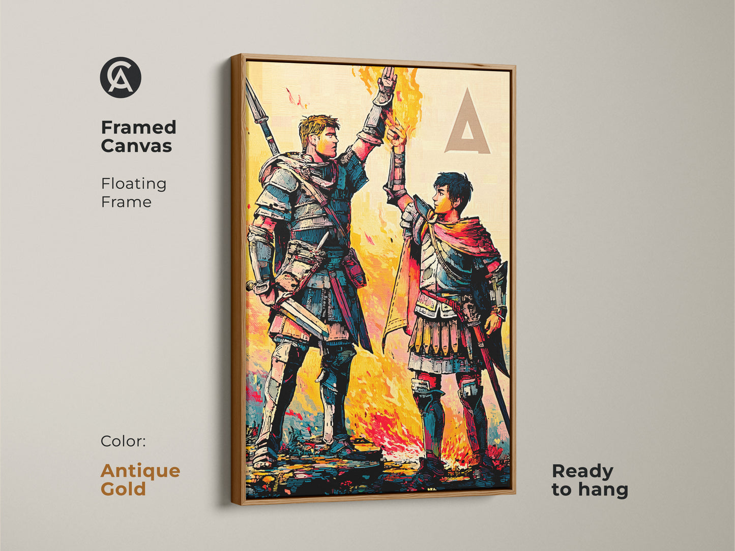 Elevate your study room with framed graphic novel style artwork. This fantasy canvas features powerful warriors. The vibrant crimson teal and yellow palette create an epic scene.