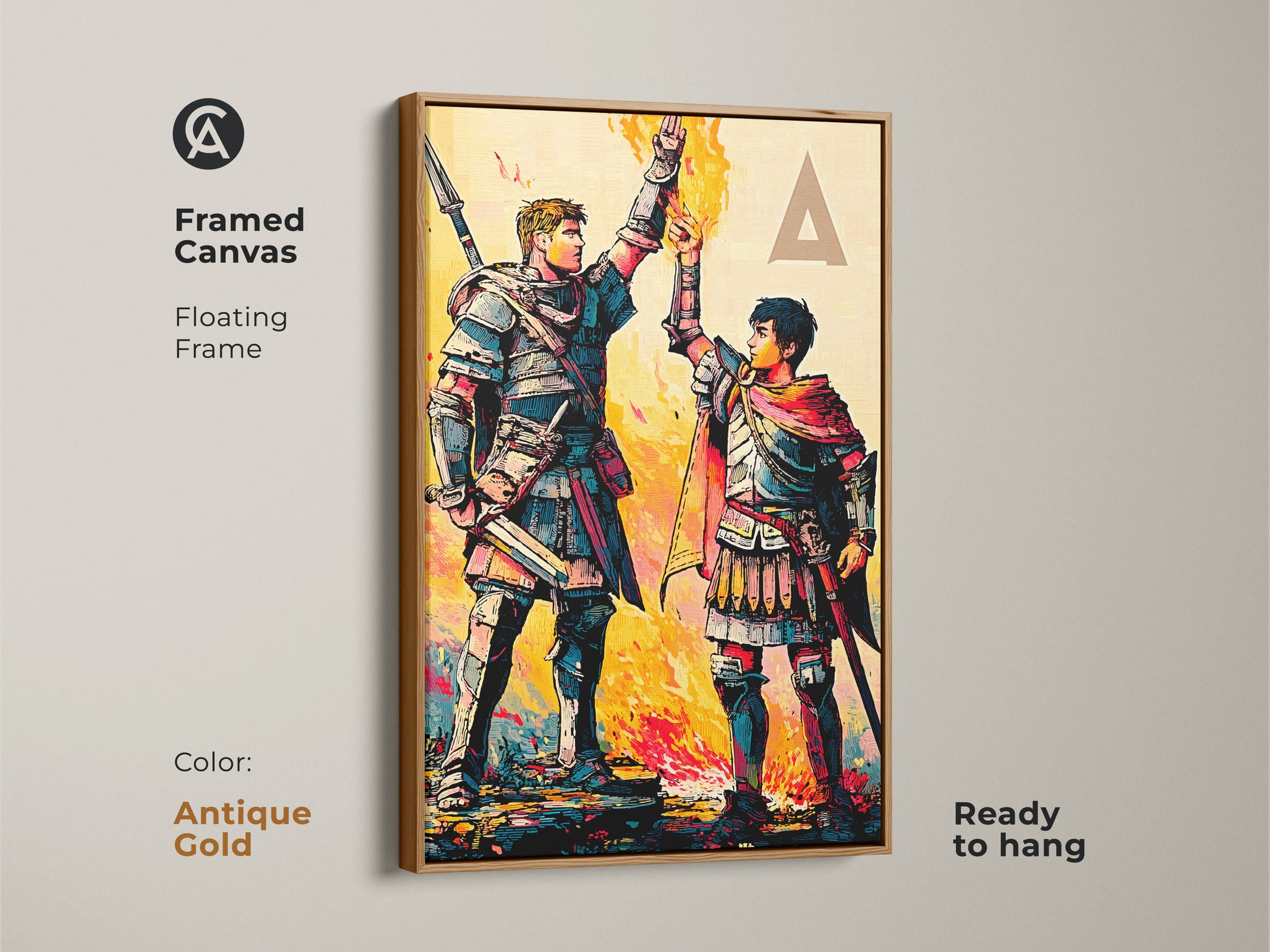 Elevate your study room with framed graphic novel style artwork. This fantasy canvas features powerful warriors. The vibrant crimson teal and yellow palette create an epic scene.