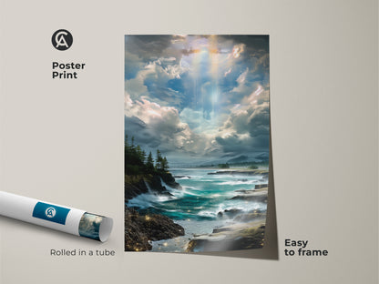A poster print of an impressionist rocky coastline artwork. This blue teal seascape wall art brings tranquility to any space. An ideal housewarming gift and nature lover's art.