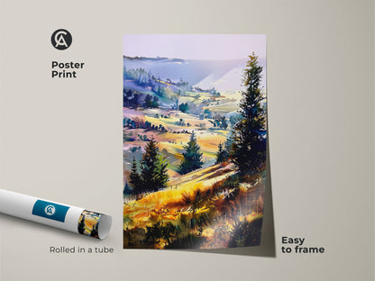 Poster print of an impressionistic landscape. The boho hills wall art is rolled in a tube and easy to frame. The trees nature artwork showcases yellow green and purple art. A vibrant landscape canvas.