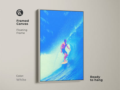 Framed canvas featuring surfer on a deep blue ocean wave with a white floating frame. Coastal art ready to hang for a modern beach decor. Palm tree artwork enhances this tropical surf lifestyle gift for beach lovers.