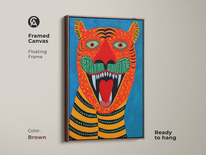 Brown framed canvas displays folk art tiger artwork with a floating frame. A ready-to-hang naive art animal print for eclectic home decor. This wildlife canvas art makes a great animal lover gift.