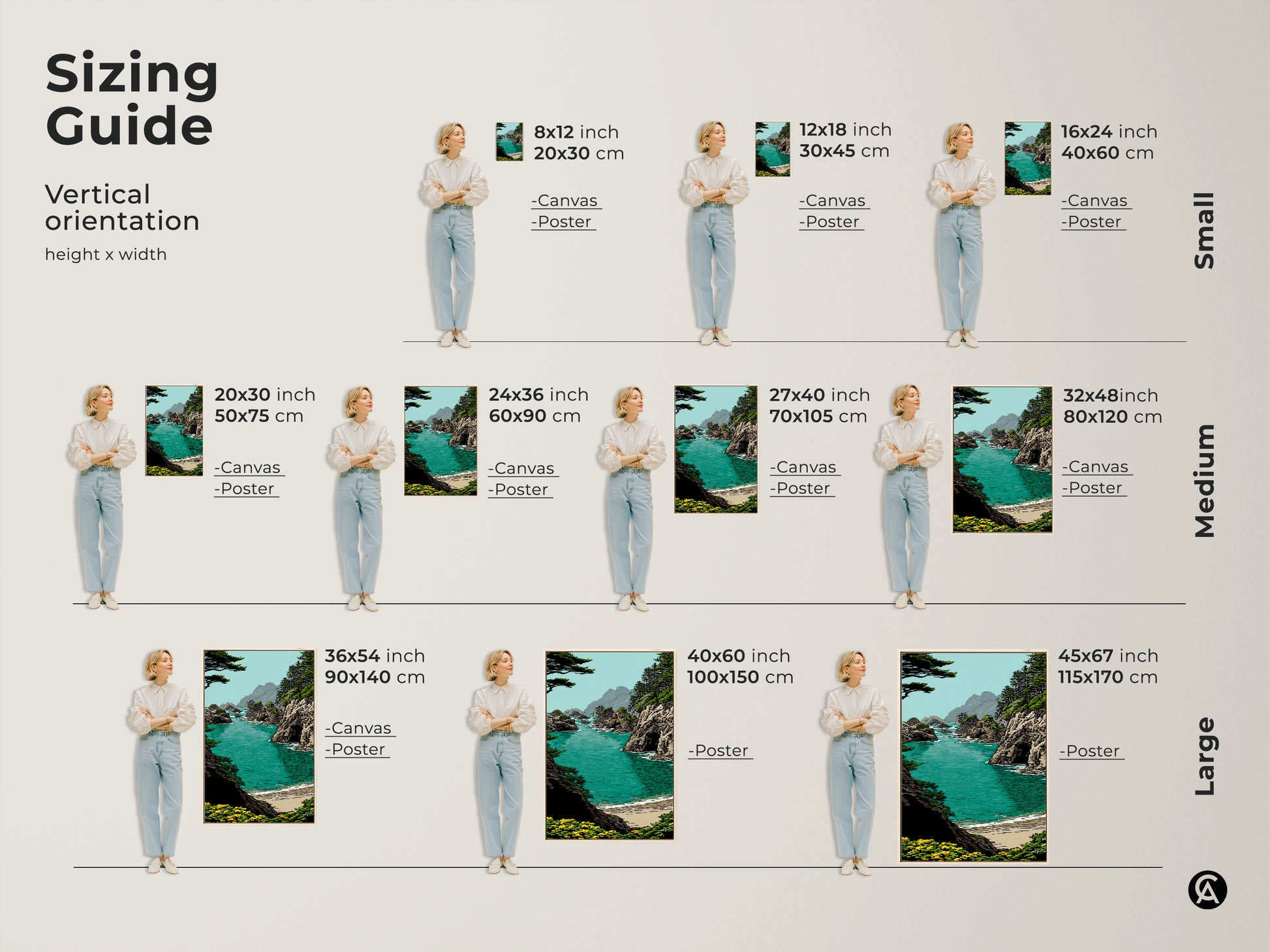 Sizing guide for vertical coastal landscape art prints. Available as canvas and poster in small medium and large sizes. The turquoise ocean cliff wall art makes a perfect statement piece for any nature-themed room.