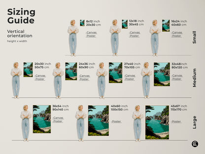 Sizing guide for vertical coastal landscape art prints. Available as canvas and poster in small medium and large sizes. The turquoise ocean cliff wall art makes a perfect statement piece for any nature-themed room.